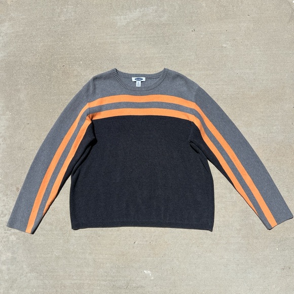 Mens vintage y2k 90s old navy grey orange striped chunky crewneck sweater skater - Picture 3 of 5